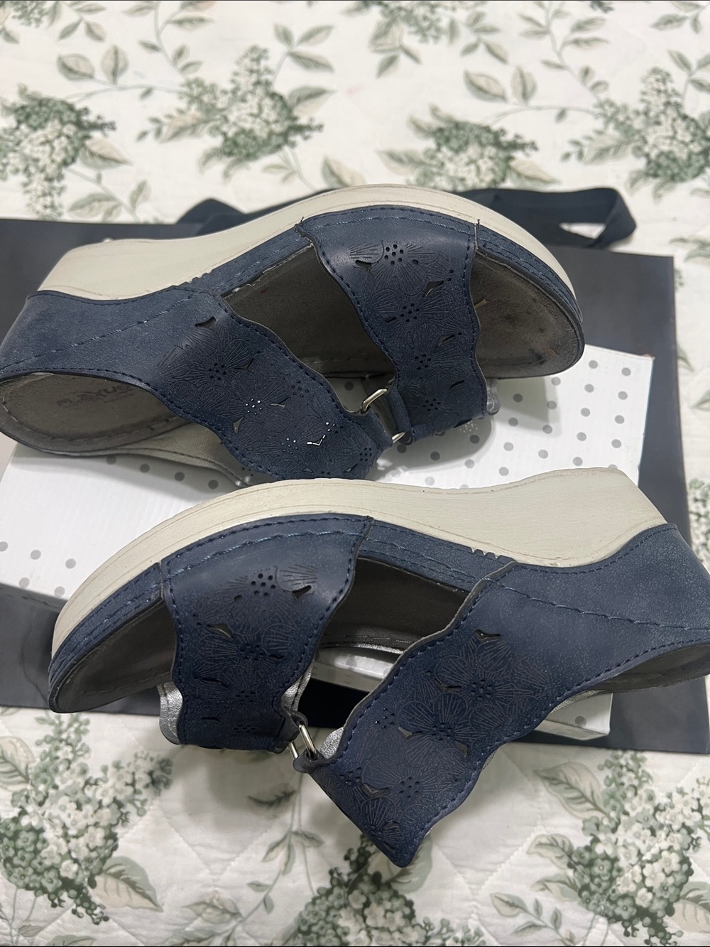 Women's Navy Blue Wedge Mules with Decorative Cutouts